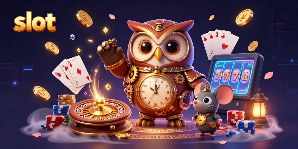 Permainan slot gacor dengan karakter burung hantu dan tikus di latar belakang kasino Victorian yang futuristik.