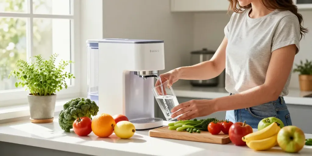 Exploring the distilled water purified water difference in a bright kitchen with a woman pouring water from a modern reverse osmosis dispenser.