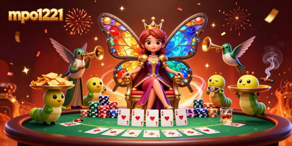 Play with mpo1221 amid vibrant casino elements and characters celebrating big wins.