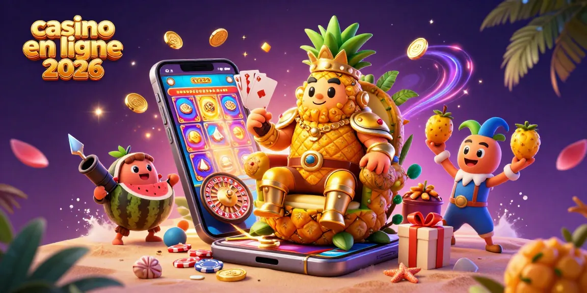 Illustration dynamique de casino en ligne 2026 avec le roi ananas et des éléments de jeu colorés.