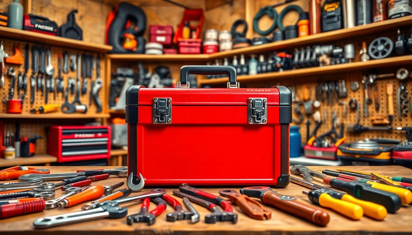 The Facom toolbox organized on a workbench surrounded by essential tools.