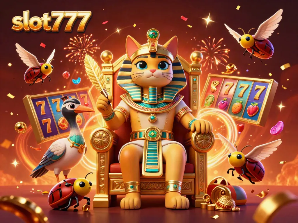 Slot777: Perayaan kemenangan dalam ilustrasi 3D yang menampilkan raja mesir dan unsur slot.
