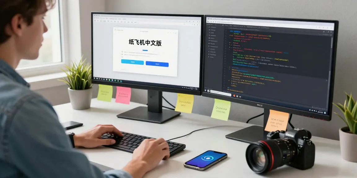 Modern workspace featuring 纸飞机中文版 on screen with coding software and smartphone notifications.