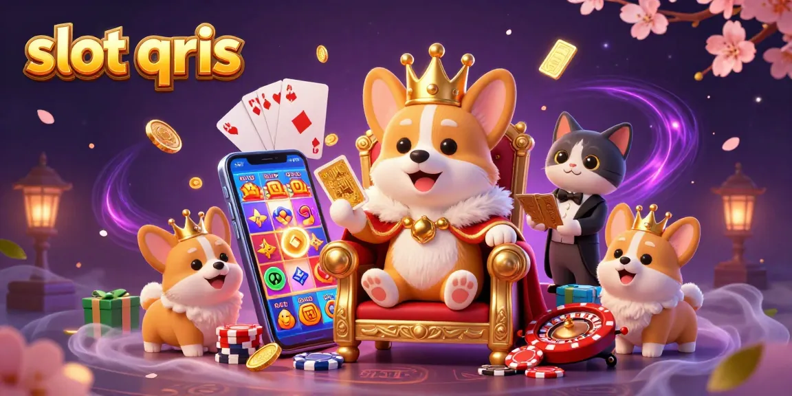 Experience thrilling wins at slot qris with an enchanting scene featuring a corgi king and vibrant casino elements.