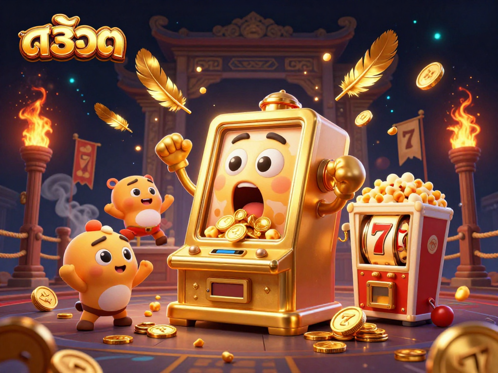 Experience the excitement of สล็อต with a golden slot machine celebrating its jackpot in a vibrant casino scene.