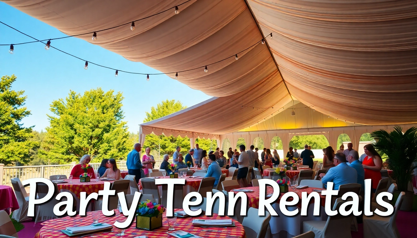 Guests enjoying a festive gathering under Party Tent Rentals, showcasing vibrant decor and a beautiful outdoor setting.