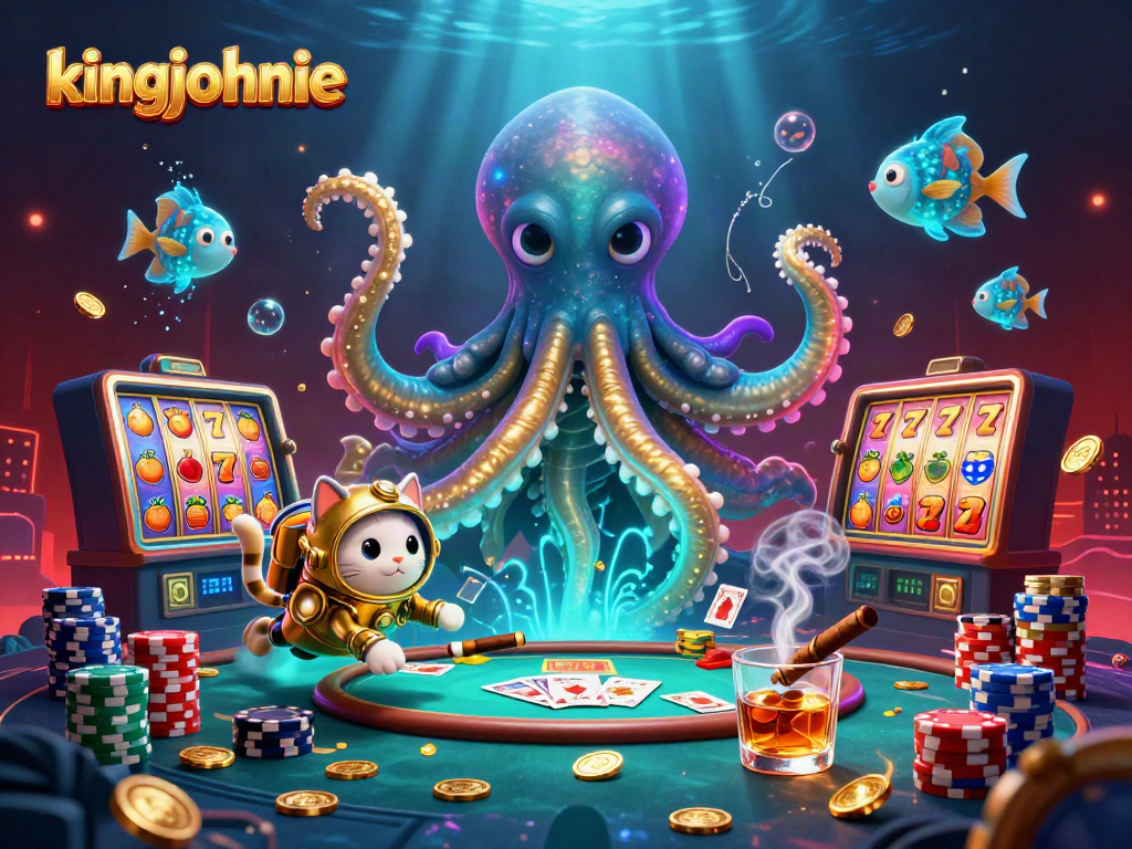 Engage in thrilling slots fun with kingjohnnie as colorful poker chips and golden kraken come alive.