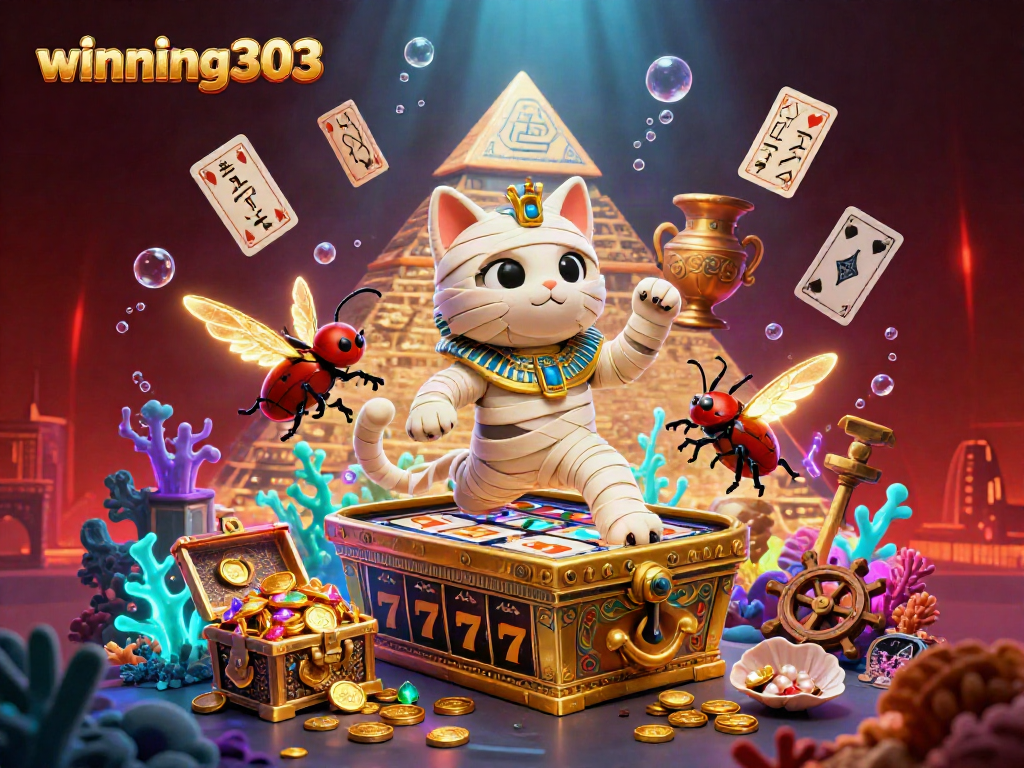 Experience the excitement of winning303 with a mummy cat and glowing scarab in a dynamic casino scene.
