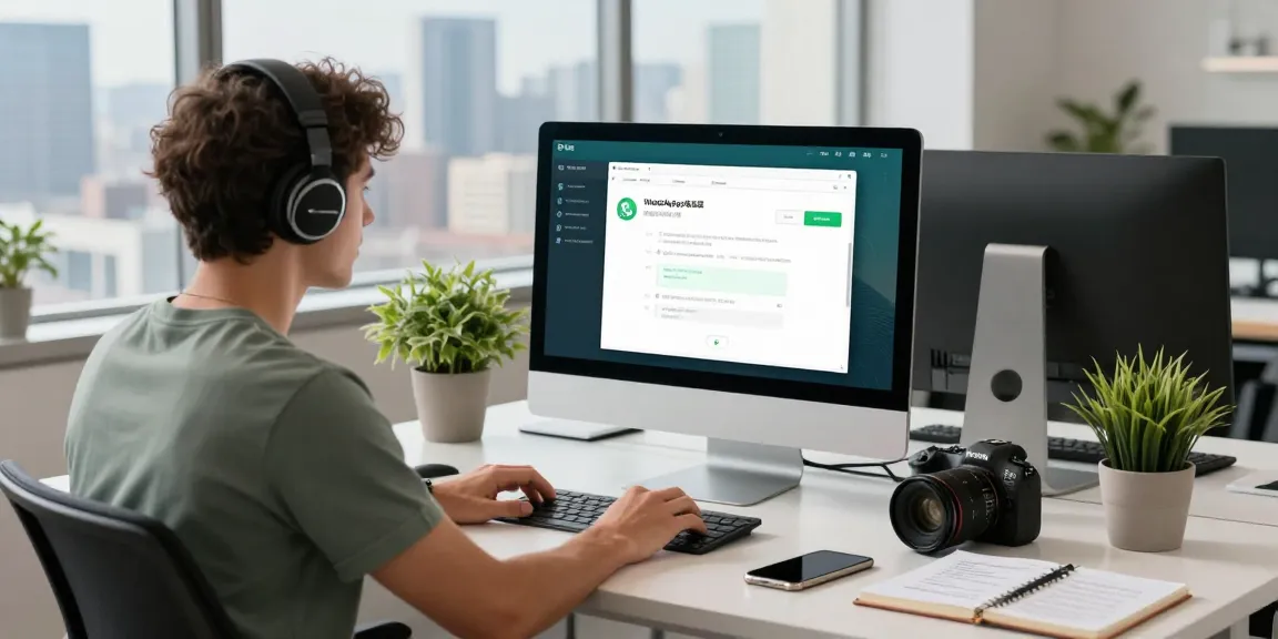 User interacting with WhatsApp電腦版 on a sleek desktop in a modern office.