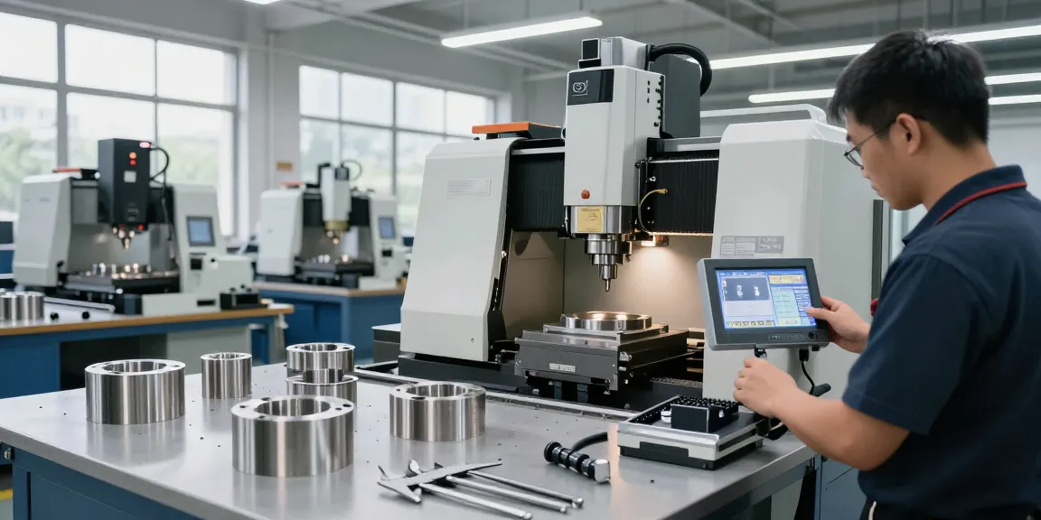 Machined stainless steel parts being crafted in a modern CNC workshop environment.