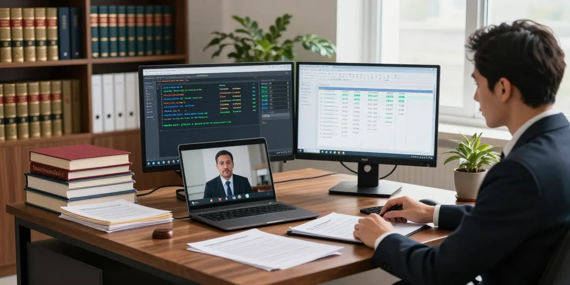 Lawyer conducting asset tracing in a modern office with monitors showing financial records.