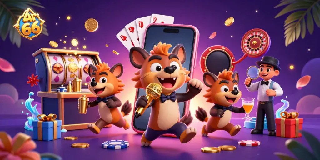 Engaging scene showcasing api66 as a vibrant comedy casino club with cartoon hyenas, lively gaming elements.