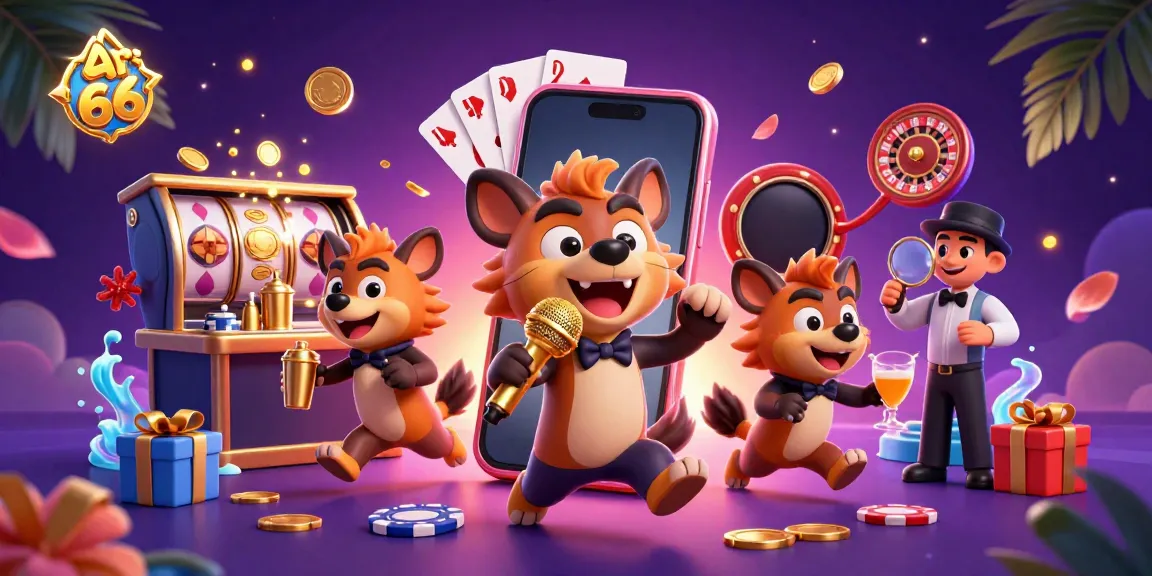 Engaging scene showcasing api66 as a vibrant comedy casino club with cartoon hyenas, lively gaming elements.