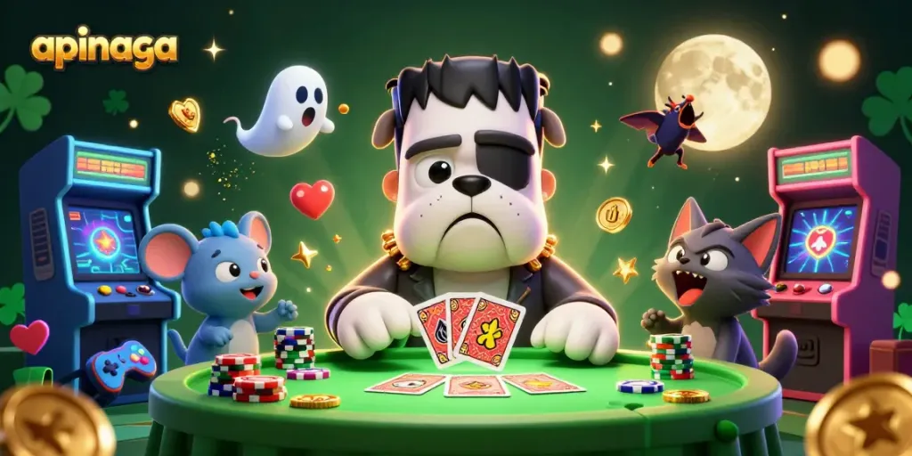 Experience thrilling casino action with apinaga in a vibrant, cartoonish gaming scene filled with characters.