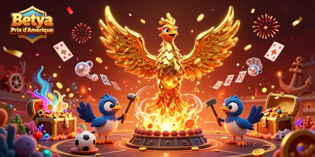Betya Prix d'Amérique showcases a golden phoenix with sports betting elements in an energetic 3D scene.