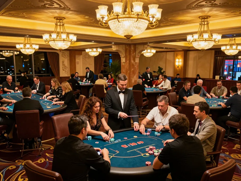 Players engaging in strategic gameplay at Trang chủ MM88's vibrant casino floor with professional dealers overseeing bets.