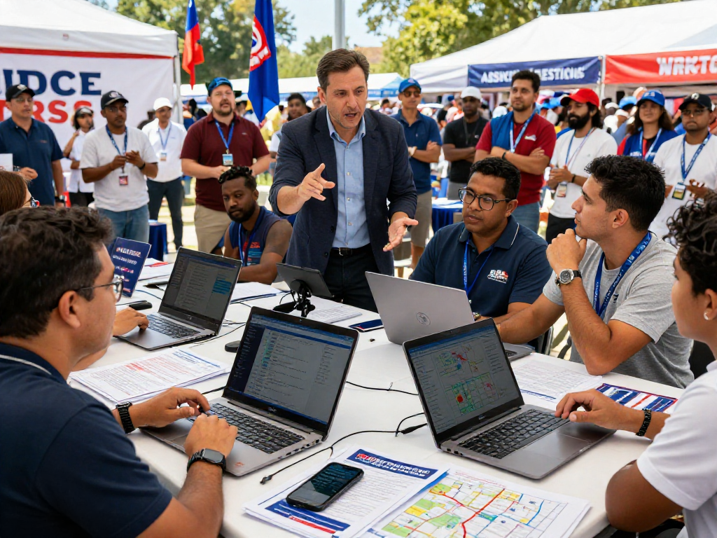 Campaign team strategizing with a political PPC agency at a rally, highlighting key voter data.