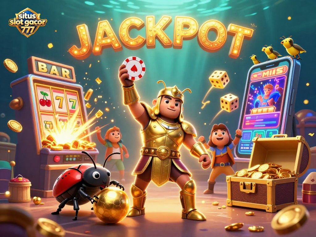Situs slot gacor 777 showcases a golden-armored beetle celebrating a jackpot victory amidst colorful casino elements.