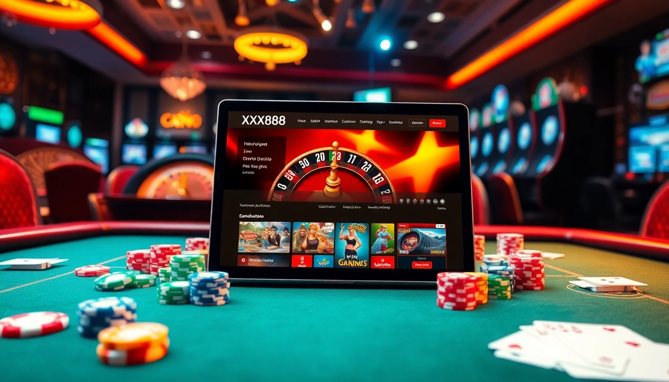 Exciting gaming scene at nhà cái XX88 with poker chips and a roulette wheel amidst a luxurious online casino.