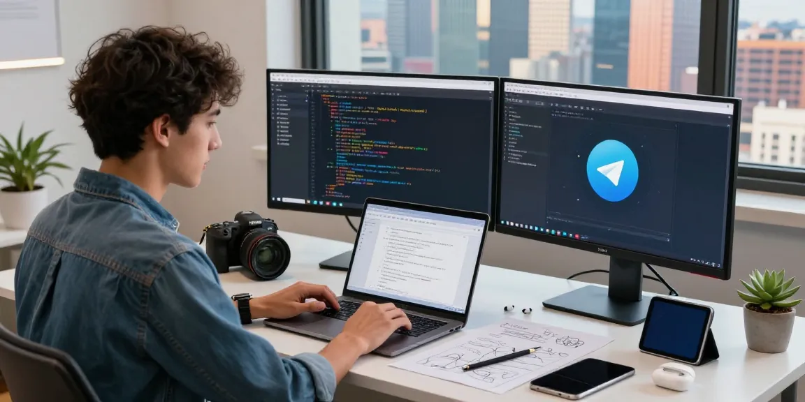 Experience seamless telegram中文版下载 in a modern workspace with engaging tech elements.
