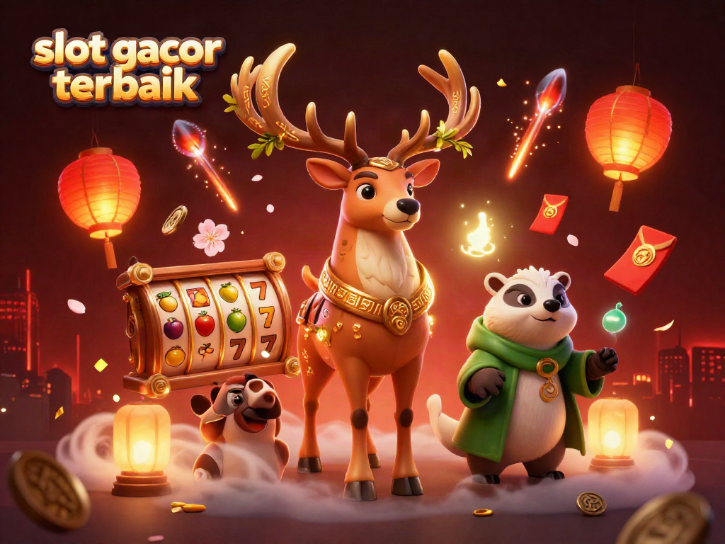 Permainan slot gacor terbaik dengan simbol keberuntungan dan suasana menyenangkan dalam ilustrasi 3D.