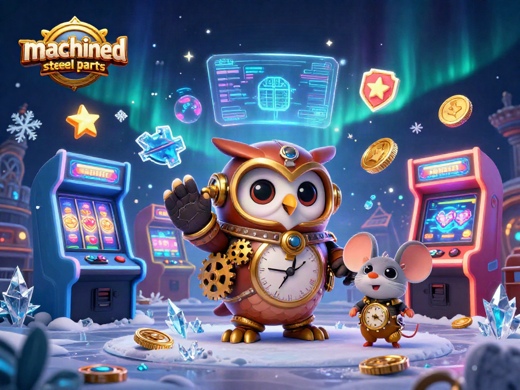 Engage with vibrant machined stainless steel parts in a steampunk casino scene featuring dynamic slot reels.