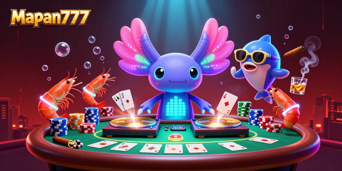 Spin with Mapan777: Vibrant underwater casino scene featuring a DJ axolotl and colorful poker elements.
