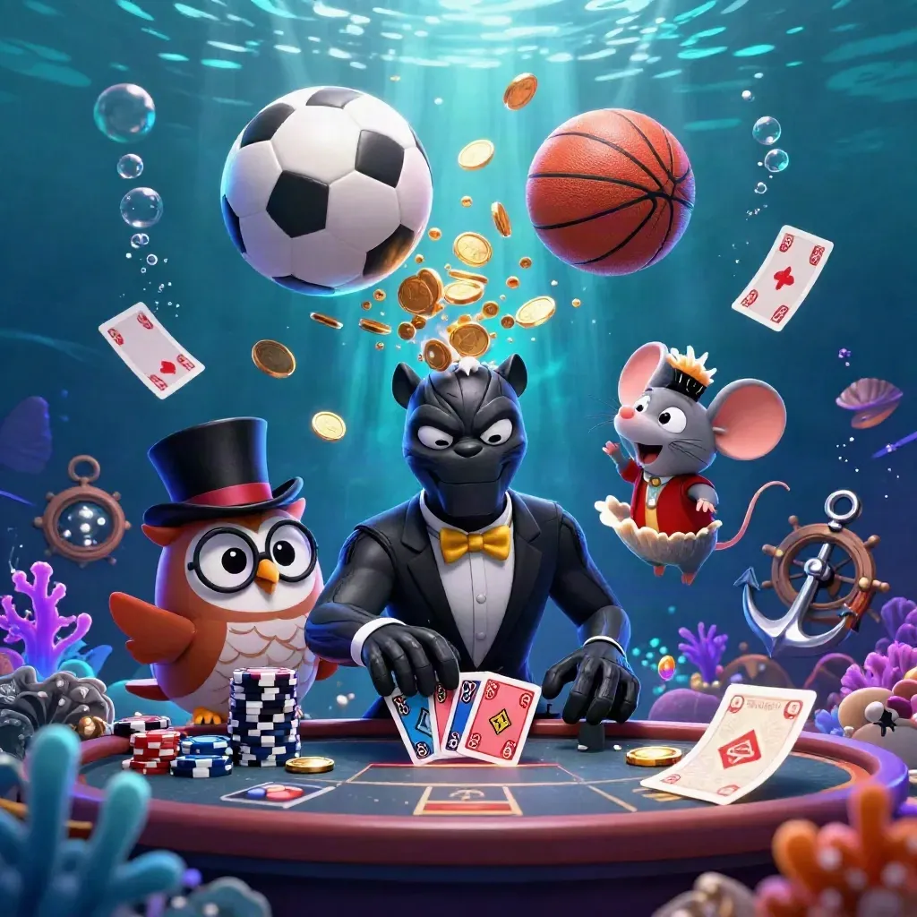 Cartoon panther, owl, and mouse in an underwater casino scene with cards, coins, coral, and sports balls.
