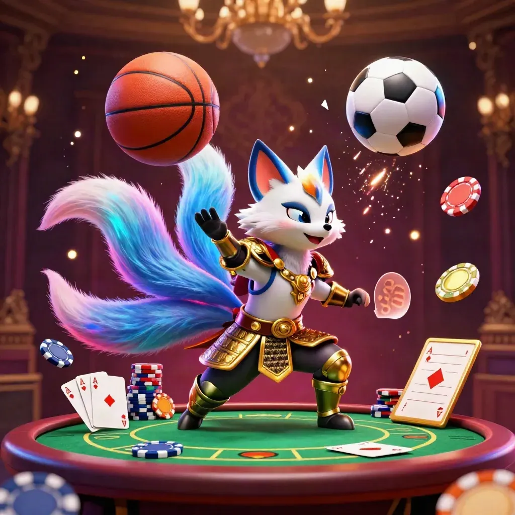 Fox spirit and samurai mouse amid casino props, basketball, soccer ball, and glowing lights.