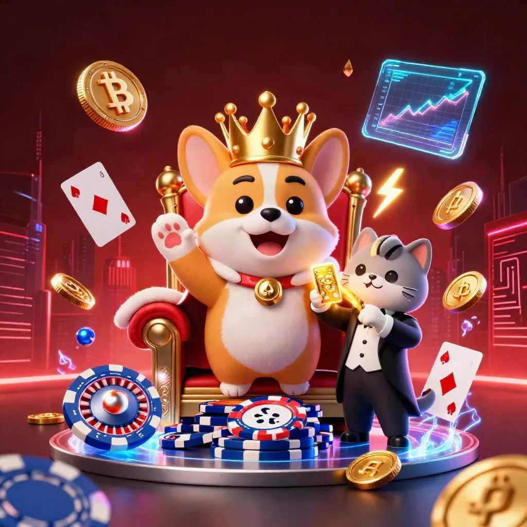Royal corgi and cat butler amid neon casino chips, crypto coins, lightning, and a dark skyline.