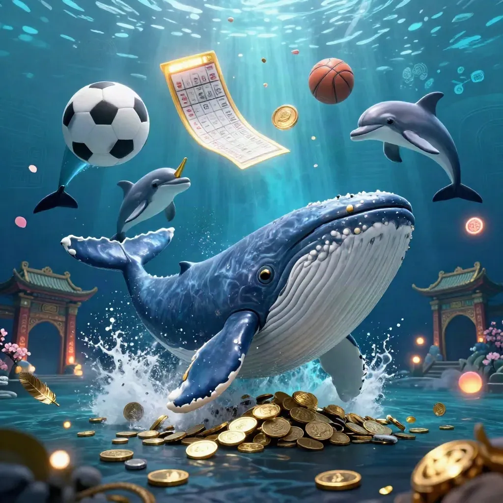 Cartoon whale, narwhal and dolphins burst through coins with sports balls in blue casino lighting.