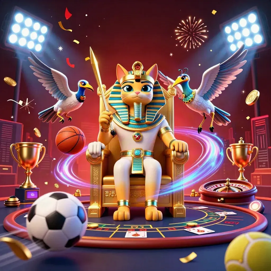 Pharaoh cat and ibis scribe amid scarabs, sports balls, and luxe casino lights.