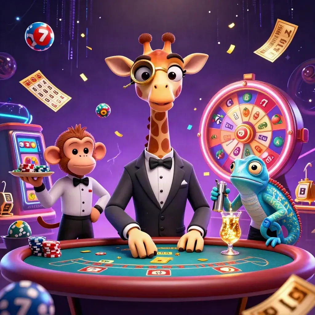 Giraffe, monkey, and chameleon in a neon casino burst with reels, gems, and blue energy.
