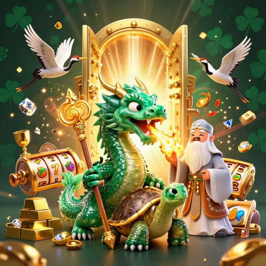 Dragon, turtle sage, and cranes burst treasure from an open vault in a neon casino scene.