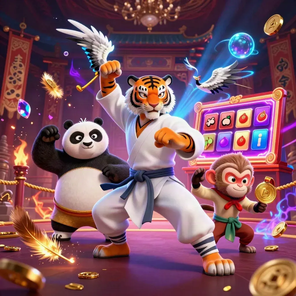 Kung-fu tiger, panda, and monkey in a neon casino adventure with treasure bursts and temple glow