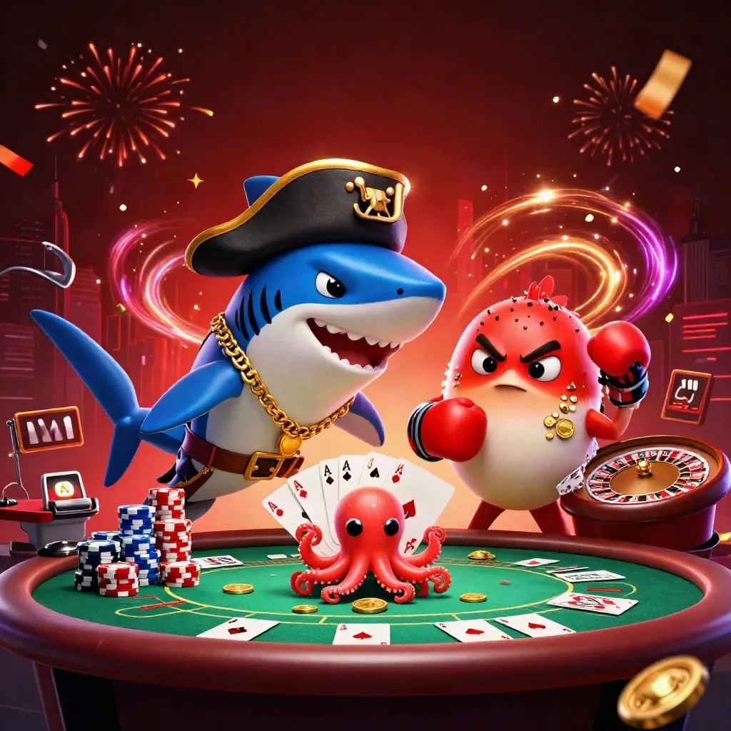 Pirate shark, boxing pufferfish, and coin-juggling octopus on a casino table with glowing lights.