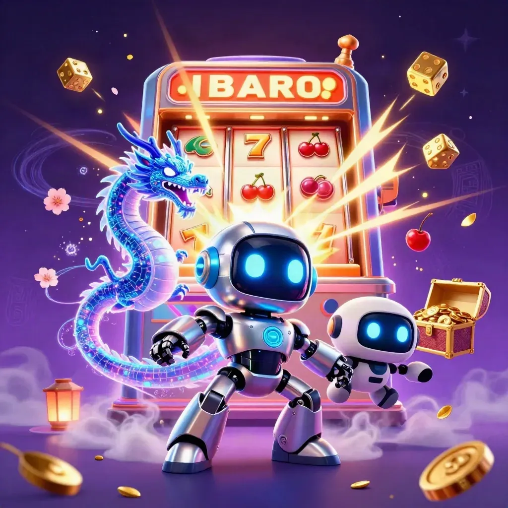 Cyberpunk robot, holographic dragon and coin drone amid slot burst, gems, dice and treasure