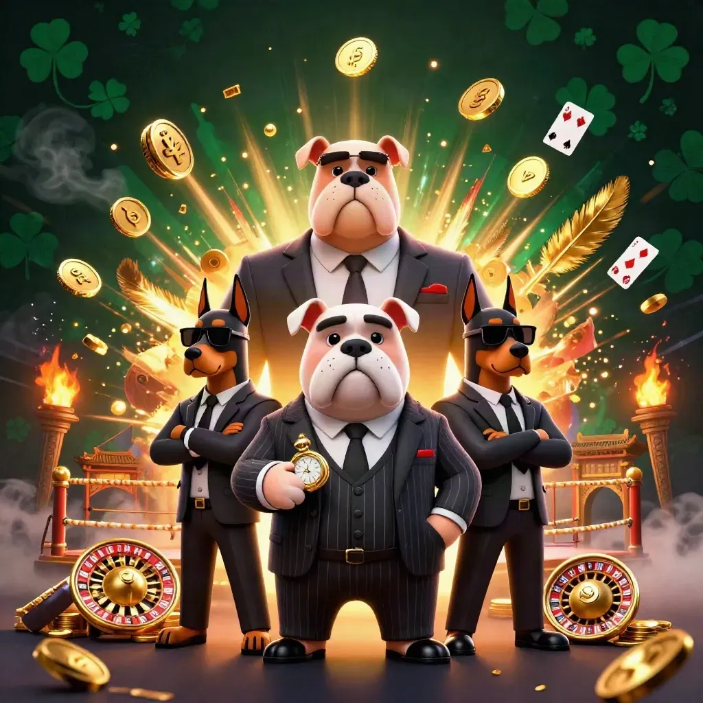 Bulldog boss and Doberman guards amid coins, temple gate, fire, and casino symbols