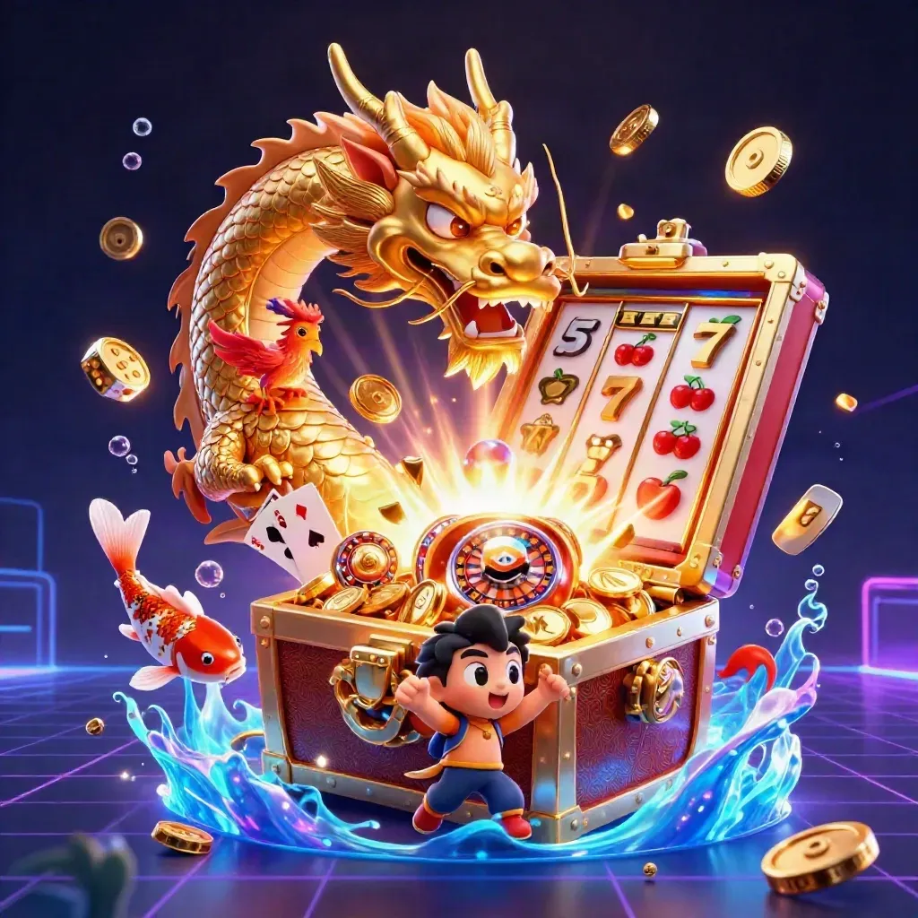 Golden dragon, phoenix, koi and jackpots erupt in a neon casino treasure storm.