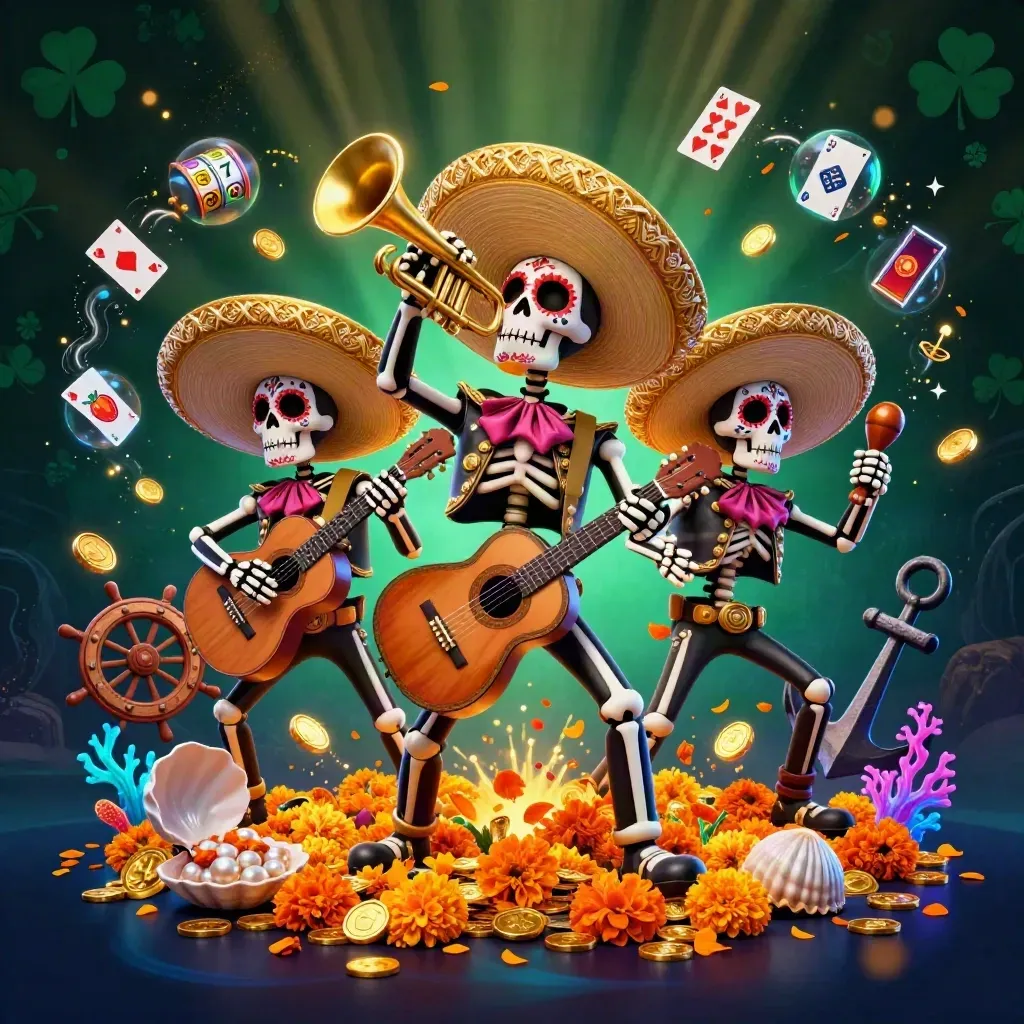 Skeleton mariachi trio in an underwater treasure cove with coins, coral, cards, and slot symbols.