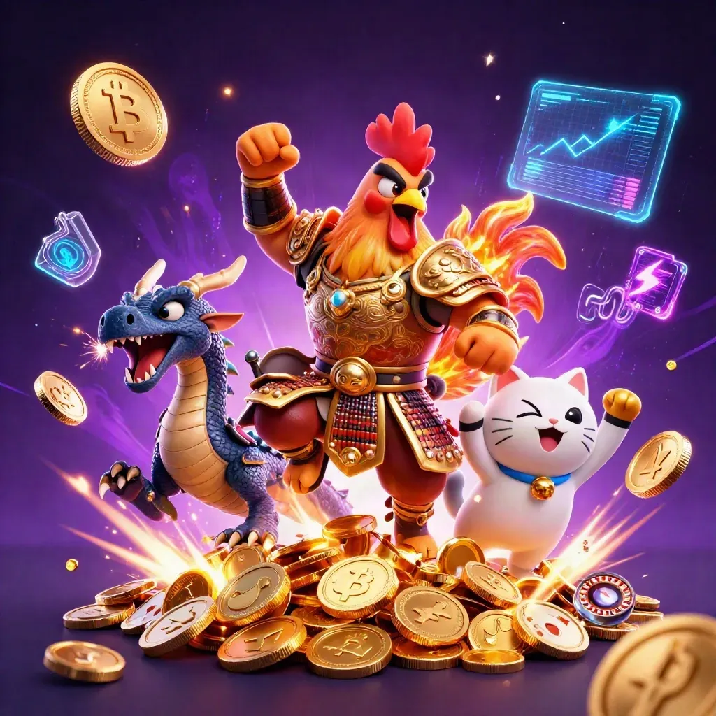 Rooster warrior, dragon hatchling, and fortune cat amid casino treasure, neon coins, and energy bursts.