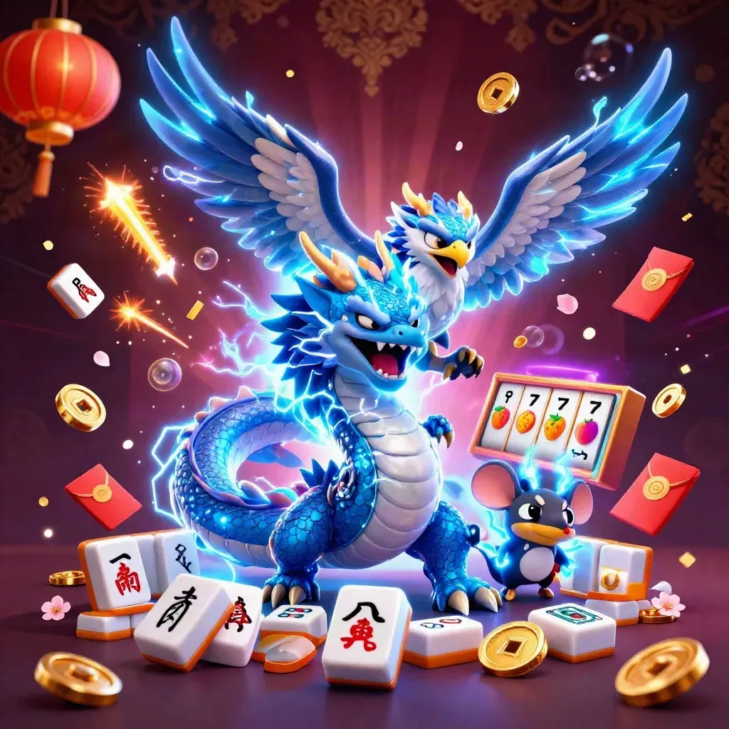 Thunder dragon, winged hawk and crackling mouse amid treasure, lanterns and neon casino effects.