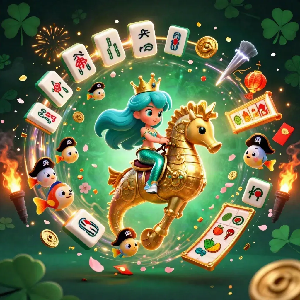 Mermaid princess on a golden seahorse amid lucky casino icons on a dark emerald glow.