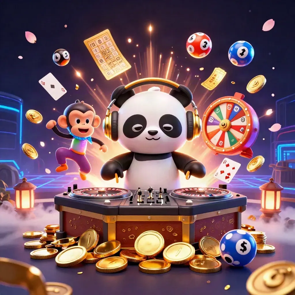 DJ panda, breakdancing monkey, and neon kitten amid casino coins, fireworks, and glowing game props.