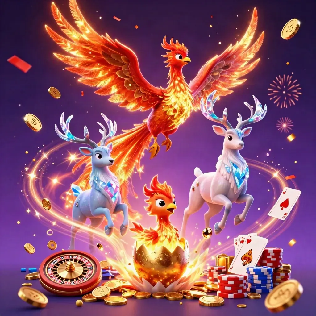 Fire phoenix, hatchling, and crystal stag amid coins, chips, roulette, fireworks