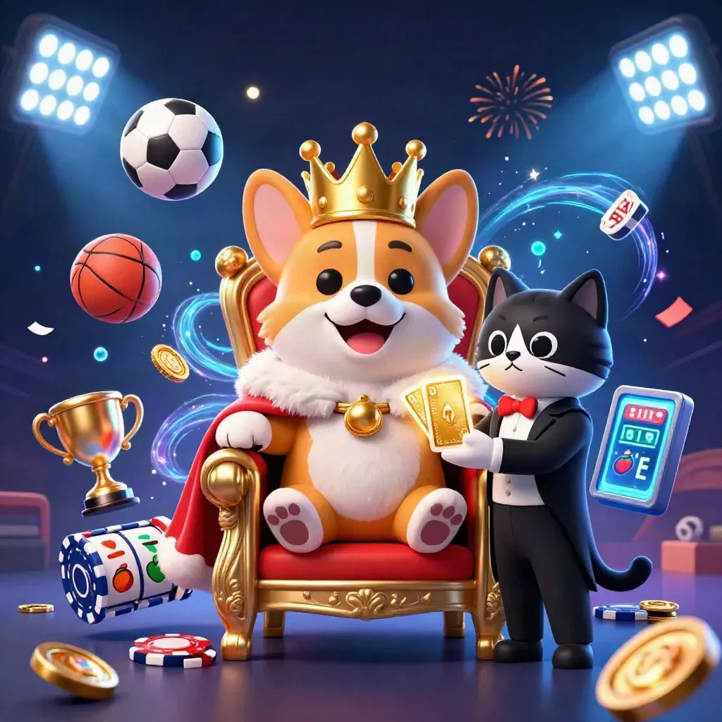 Royal corgi throne scene with cat butler, coins, sports balls, reels, and electric-blue casino glow