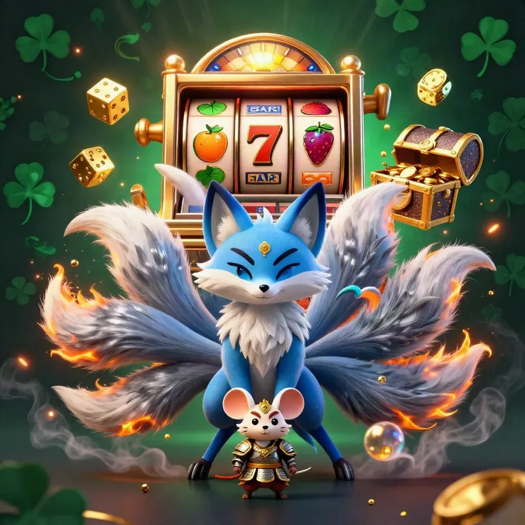 Electric-blue fox spirit and gold mouse amid slot jackpots, dice, and coins in dark emerald glow.