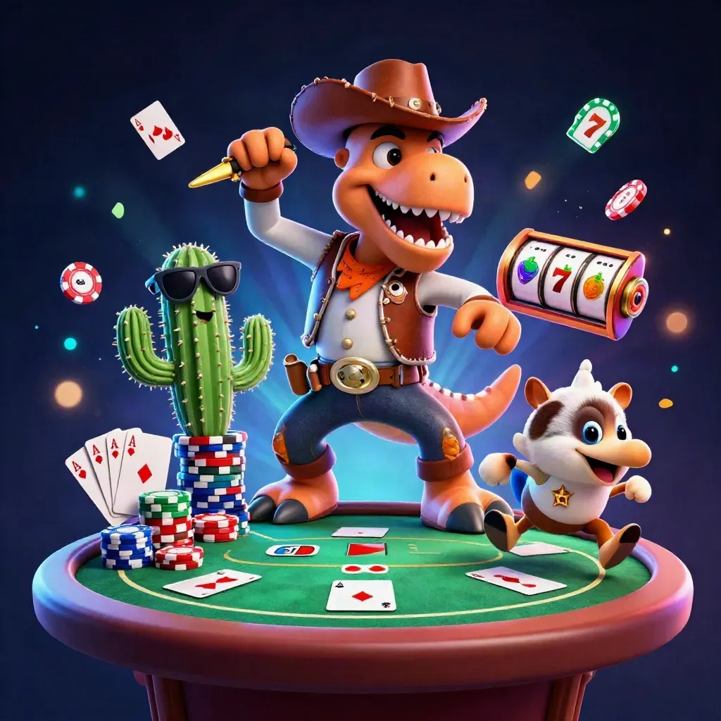 Cowboy T-Rex, cactus sidekick, and roadrunner amid chips, cards, and slot reels in neon casino art