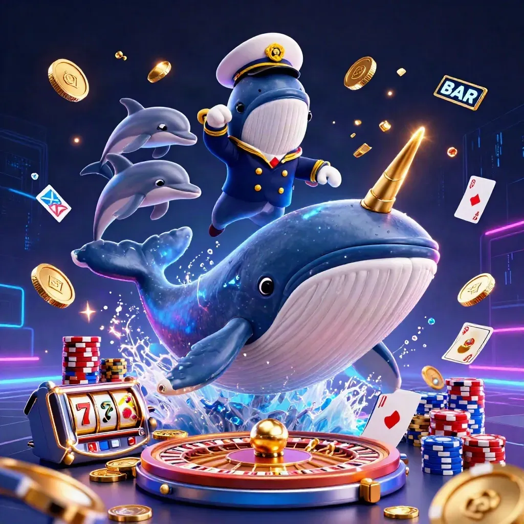 Captain whale, narwhal, and dolphins burst through coins in neon casino key art.