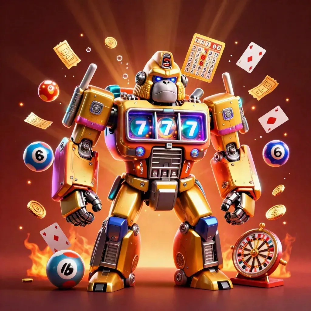 Golden gorilla mech with tiny pilot amid casino symbols, glowing blue and orange on a dark ember background.